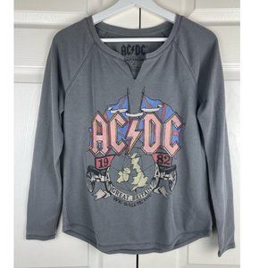 Lucky Brand ACDC Graphic Printed Waffle Split Neck Grey Tee XS NWT